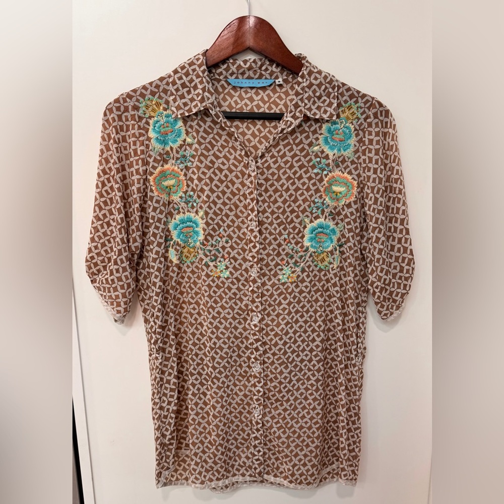 Johnny Was Brown Geo Print Button-Up Shirt with Turquoise Floral Embroidery Sm